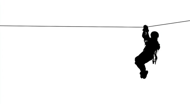 Silhouette of person zip-lining across vast white space