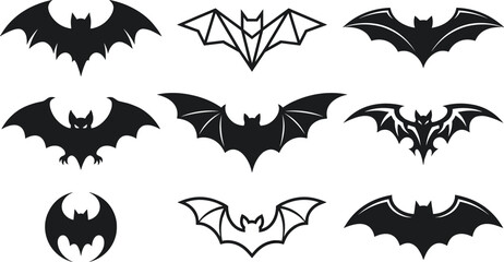 Naklejka premium Black Bat Silhouette and Outline Icon Collection Featuring Halloween Symbols Tribal Designs Origami Shapes and Spooky Mascot Logos for Gothic Branding Projects