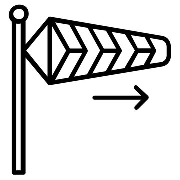 Airport windsock indicator vector icon illustration. Striped wind sleeve at airfield runway used for wind speed and direction measurement. Minimalist flat line art for aviation and travel design.