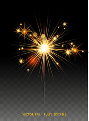Obraz premium Golden christmas and new year sparkler firework vector illustration on transparent background