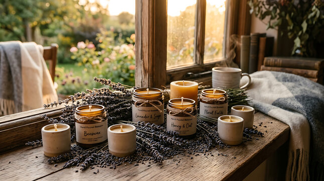 Warm beeswax candles infused with lavender and herbs resting on a rustic wooden surface near a window at dusk