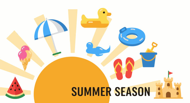 Vibrant summer icons radiate from a cheerful sun graphic with text