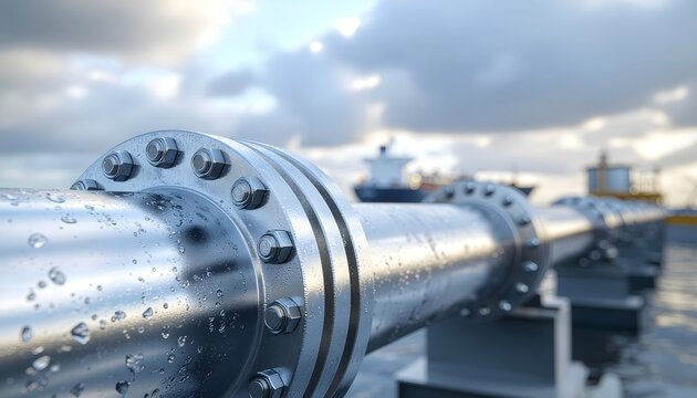 Shiny industrial steel pipeline with bolted flanges covered in water droplets at an offshore oil terminal, cargo ship background, marine energy distribution concept.