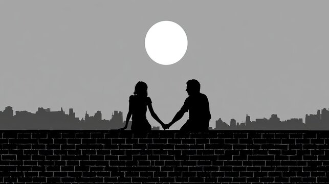 Silhouetted couple holds hands on rooftop, moonlit cityscape below