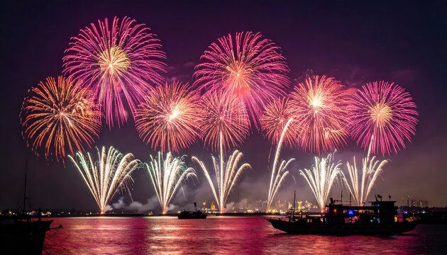 Spectacular Fireworks Display Illuminates the Night Sky Over a Calm Water Body.