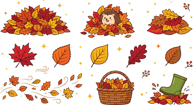 Cute Autumn Fall Illustration Set Featuring Hedgehogs in Maple Leaf Piles Blowing Foliage Basket Elements and Rubber Boots for Seasonal Child Graphic Designs