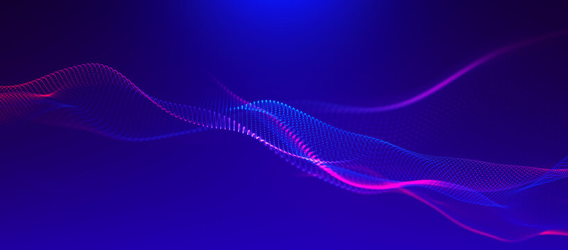 Abstract background with dynamic color wave. Futuristic dotted wave of bright particles. Colorful background for presentation design. Wide format 3D illustration.