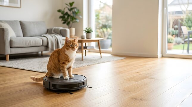 A cat is resting on top of a robot vacuum in a modern room with sunlight coming through the windows. There are plants and a sofa visible nearby