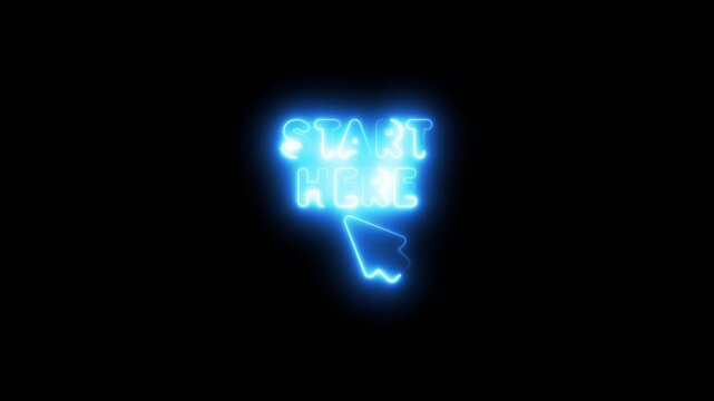 Glowing neon start here sign with animated cursor for digital interface and web 4k  video on black background