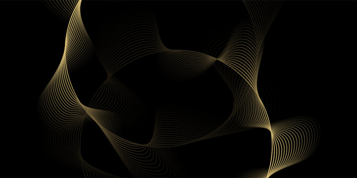 Abstract circle wave lines, gradient light equalizer gold wavy curve. Round frame in luxury golden color isolated on black background. Editable stroke. Vector illustration with copy space