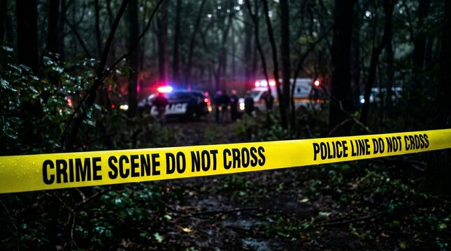Night crime scene in the forest with yellow do not cross police tape and blurred emergency lights