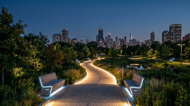 Glowing solar-powered pathway and smart benches in modern urban eco-friendly park at dusk