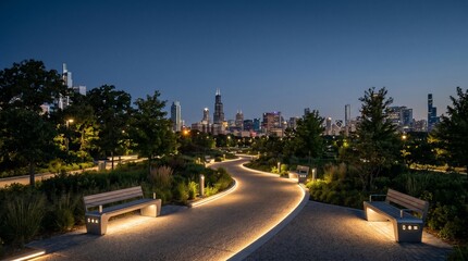 Obraz premium Glowing solar-powered pathway and smart benches in modern urban eco-friendly park at dusk