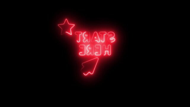 Red neon start here sign with star and arrow light 4k  video on black background