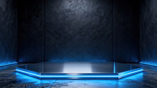 Dark room with glowing blue platform