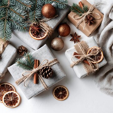 Rustic Holiday Gifts with Natural Decorations on a White Background
