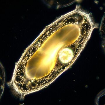 Darkfield macro Tradescantia stamen hair cell: glowing central vacuole, nucleus disc, cytoplasmic streaming, bright cell wall
