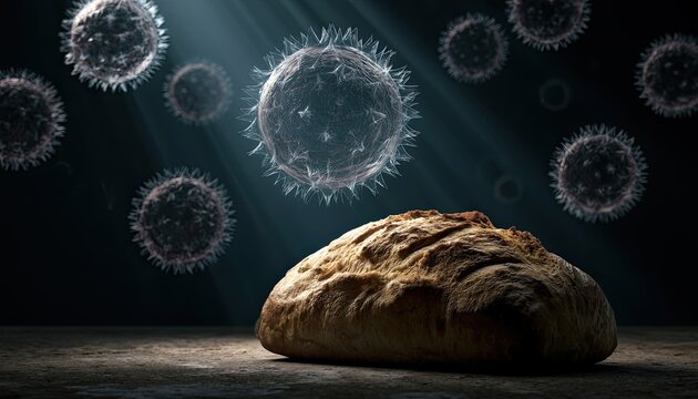 Microscopic organisms menacing a loaf of rustic bread, dark background