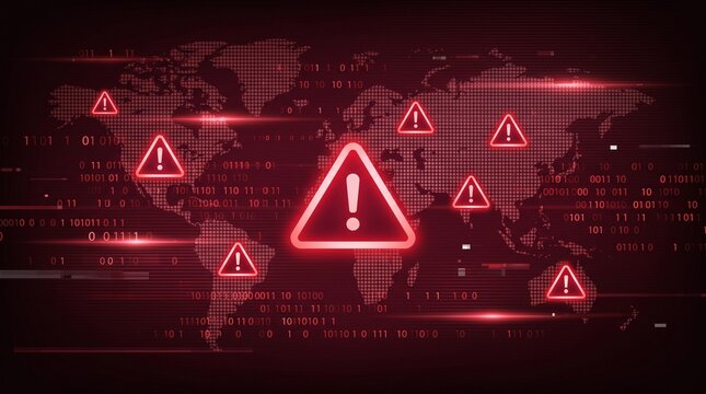 Global cyber security threat warning map with flashing red alert triangle icons and digital code rain, ideal for data breach technology and server firewall system landing pages