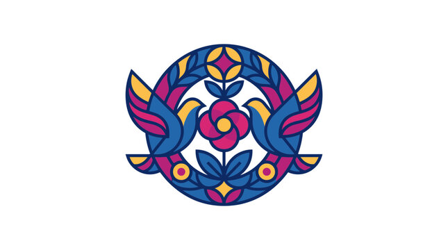 Colorful Emblem: Two Doves, Rose, Laurel Wreath, Abstract Design