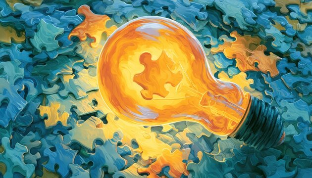 Glowing lightbulb, a puzzle piece inside, illuminates scattered puzzle pieces