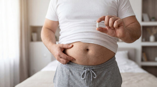 Overweight man holding weight loss pill in bedroom, obesity treatment and GLP-1 medication concept