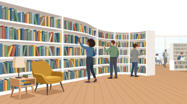 Modern Library Interior with Organized Bookshelves and People Reading, Concept for Education, Knowledge Sharing and Study Space Design