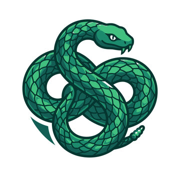 Green snake coiled in knot.