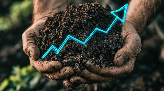 Cupped hands hold rich soil, a glowing blue arrow charts upward growth