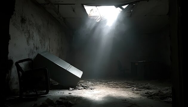 Dusty, derelict room with light shafts piercing a broken ceiling