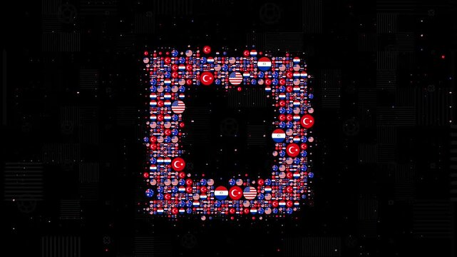 World Cup Group D Text Animation Composed of Rotating Soccer Balls and Country Flag Icons