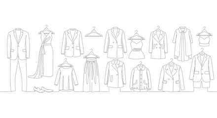 Obraz premium A collection of various clothing items and accessories illustrated in a continuous line art style.