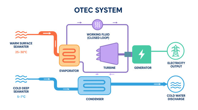 OTEC system diagram illustrating ocean thermal energy conversion process.
