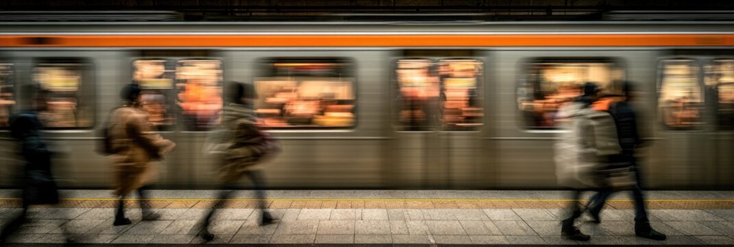 Motion blur captures passengers rushing past a train at a station