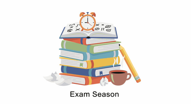 A stack of colorful books, an alarm clock, a pencil, and a coffee cup represent exam season