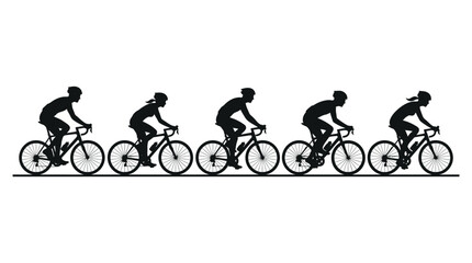 Fototapeta premium Black silhouettes of cyclists riding bicycles in a row.