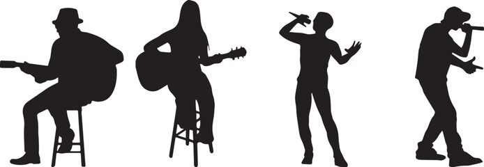 Musician silhouettes, musician icons, guitar player, singer, trumpet player, vector graphics © Sania
