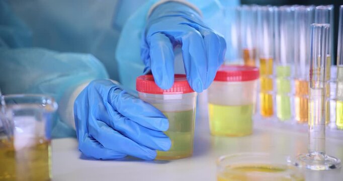 Lab assistant hands in gloves open container with patient urine sample on table. Medical worker prepares specimen for test in medical laboratory