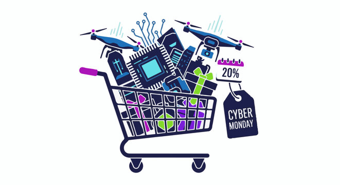 A shopping cart overflows with electronics, gifts, drones, and a discount tag