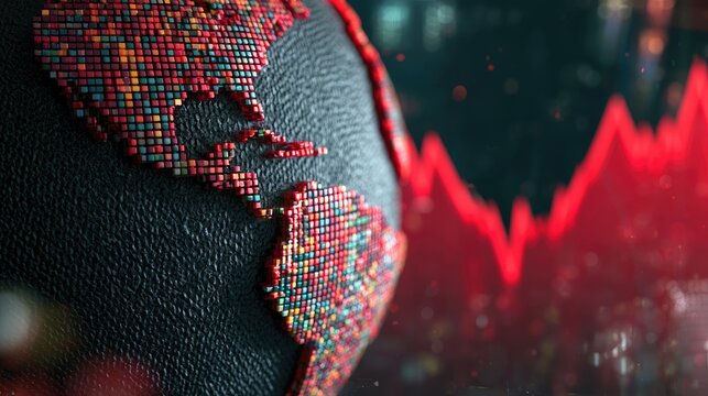 Pixelated globe with a sharp downward red graph indicating global decline