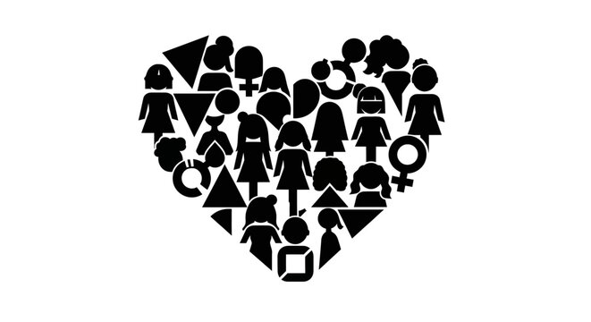 Heart shape made of various female and gender symbol icons.