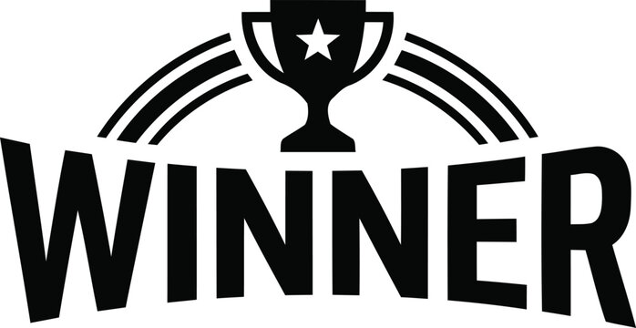Black and white winner trophy icon with star and text