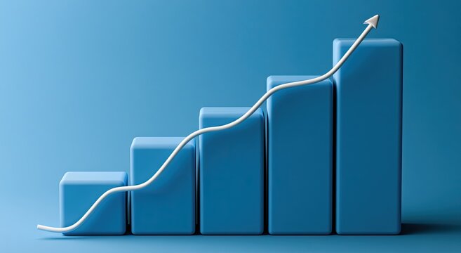 Blue bar graph with rising arrow, symbolizing growth and progress