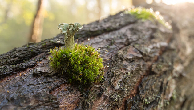 A tiny moss kingdom crowns the fallen log, holding dew like suspended time