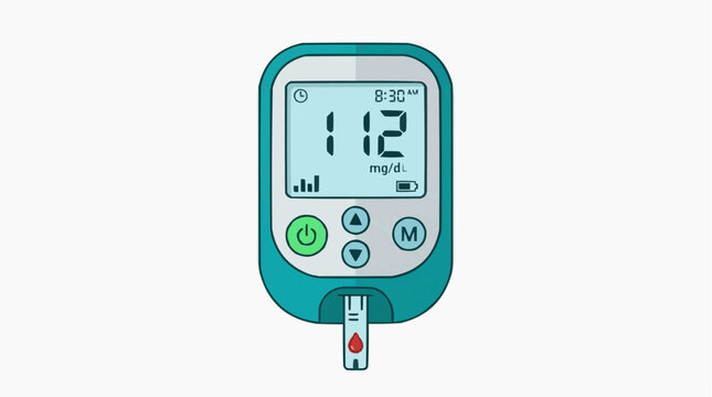Glucose Meter Illustration: A digital glucose meter displaying a blood sugar reading of 112 mg/dL, with a blood sample at the test strip, symbolizing health monitoring and diabetes management.