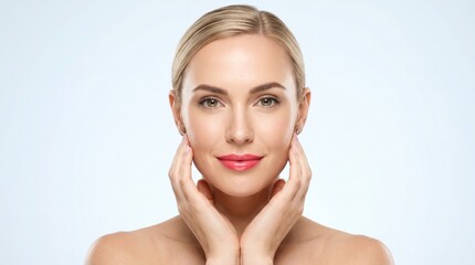 Naklejka premium Close up front portrait of elegant blonde woman touching jawline with bare shoulders isolated on clean background, ideal for medical spa brochures and anti-aging cosmetic product packaging