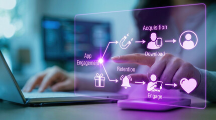 Fototapeta premium Close up of a human hand interacting with a glowing purple holographic digital diagram showing app engagement, user acquisition and retention workflow in a tech studio
