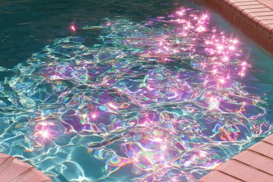 Shimmering, iridescent pool water reflects sunlight, creating a vibrant, sparkling spectacle