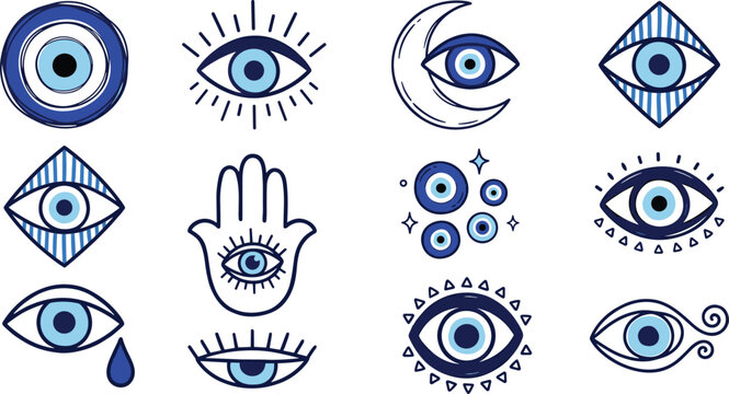 Greek Evil Eye and Hamsa Hand Mystical Icon Set with Blue Turkish Nazar Amulet Talisman Symbols for Esoteric Magic and Modern Graphic Designs
