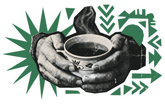 Hands holding a hot cup in vintage cutout style